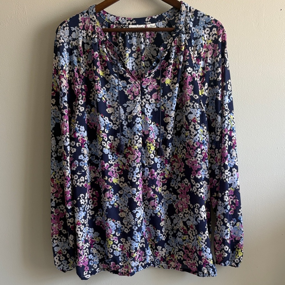 Liz Claiborne Floral‎ Blouse XLT Tassel Tie Boho Long Sleeve Navy Pink Top
